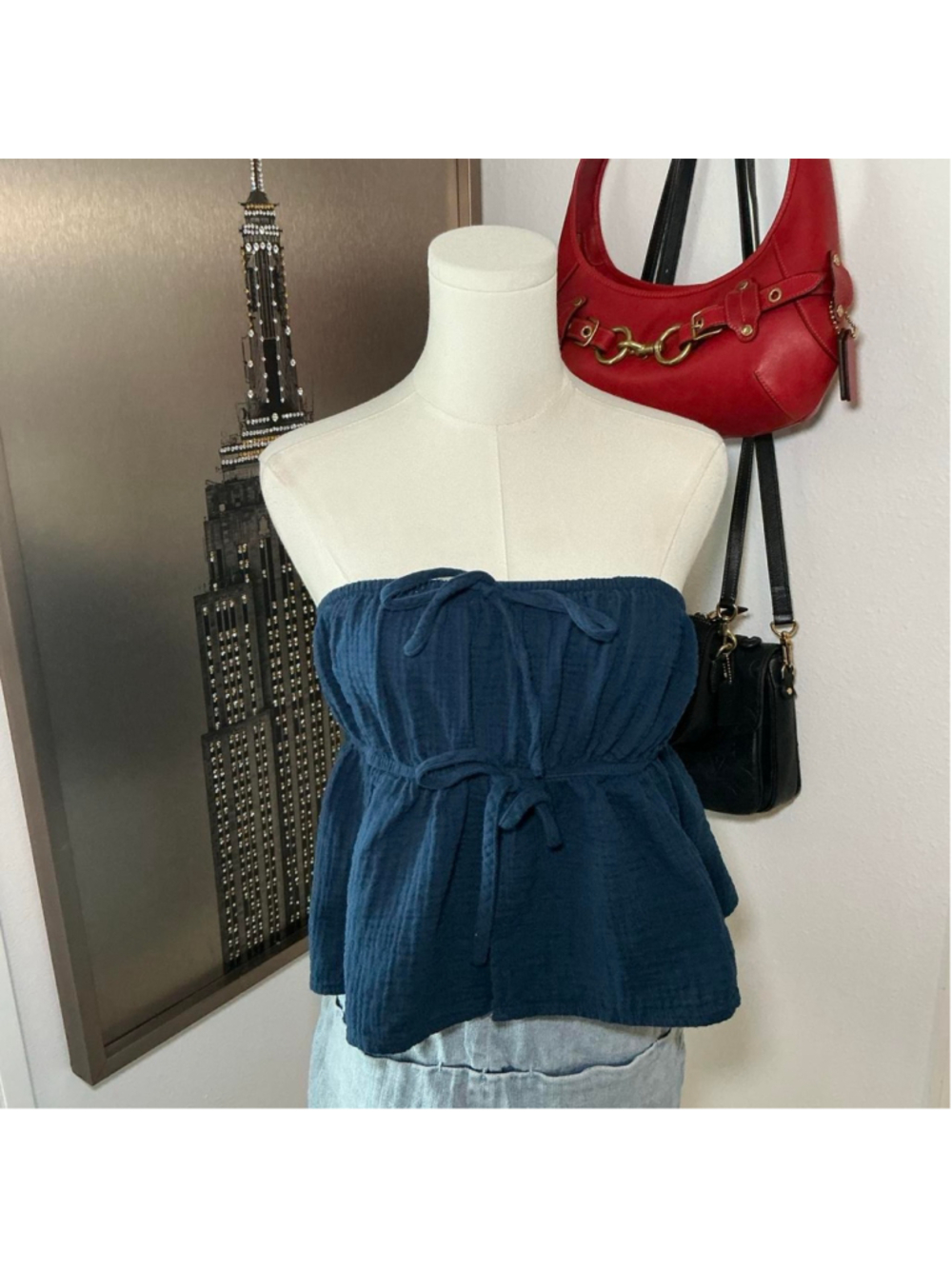SHEIN Navy Blue Strapless Gauze Peplum Tube Top Size M